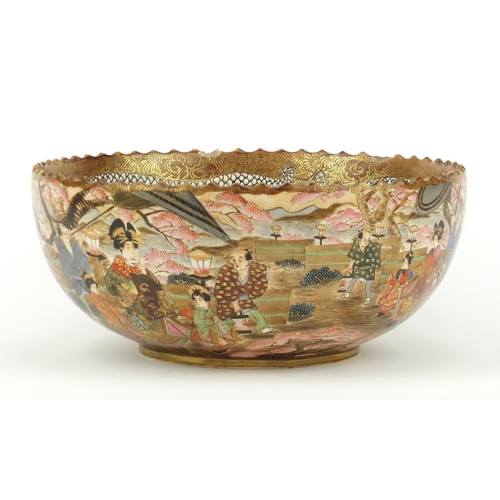 451 - Japanese Satsuma pottery bowl hand painted with figures, immortals and dragons, six figure character... 