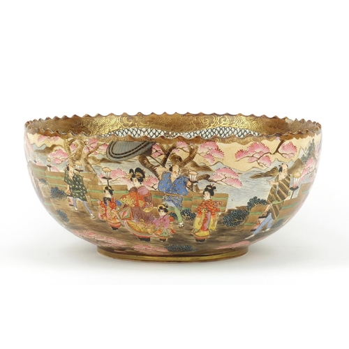 451 - Japanese Satsuma pottery bowl hand painted with figures, immortals and dragons, six figure character... 