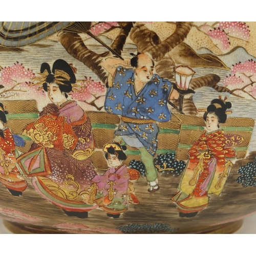 451 - Japanese Satsuma pottery bowl hand painted with figures, immortals and dragons, six figure character... 