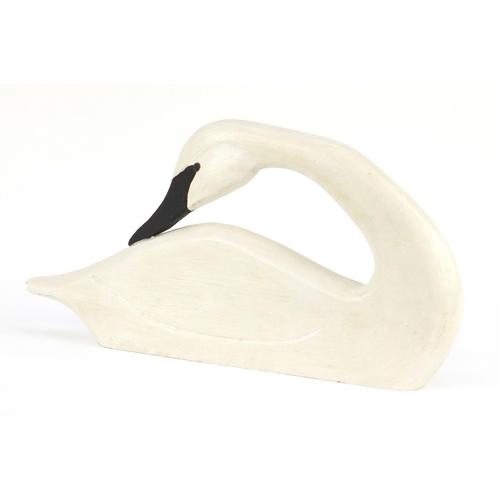 121 - Carved wood swan decoy, inscribed Tom Bradley to the base, 41cm in length