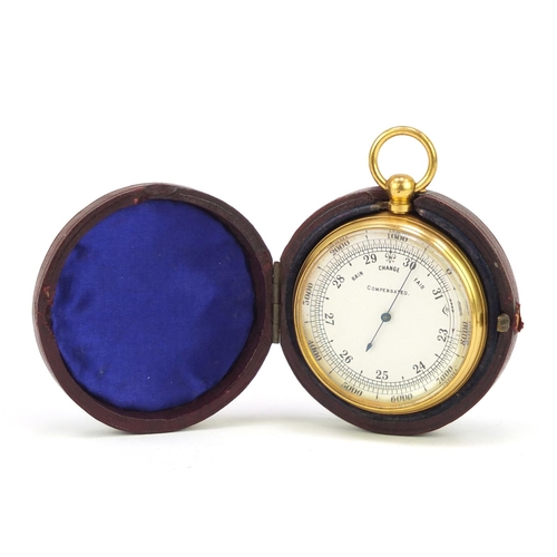 13 - Gilt brass pocket compensated barometer, housed in a velvet and silk lined leather case, 5cm in diam... 