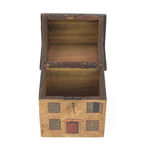 65 - Hand painted carved wooden Georgian house design box with hinged lid, 22.5cm high
