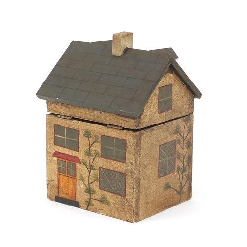 65 - Hand painted carved wooden Georgian house design box with hinged lid, 22.5cm high