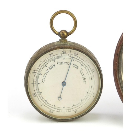 14 - Brass pocket barometer and a desk barometer by L Fischer of Paris, the largest 8cm in diameter