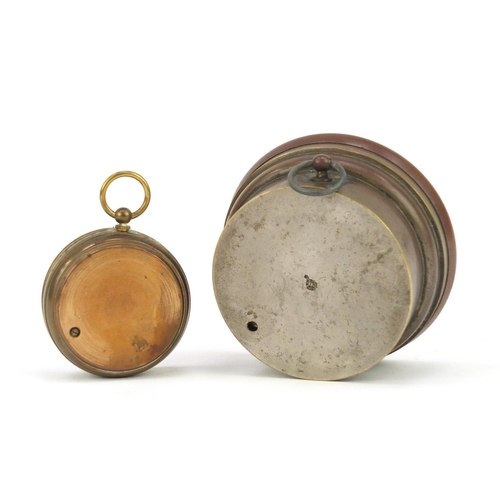 14 - Brass pocket barometer and a desk barometer by L Fischer of Paris, the largest 8cm in diameter