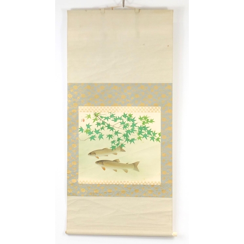 505 - Three Chinese wall hanging scrolls hand painted with koi, calligraphy and Guanyin, the largest 123cm... 