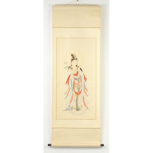 505 - Three Chinese wall hanging scrolls hand painted with koi, calligraphy and Guanyin, the largest 123cm... 