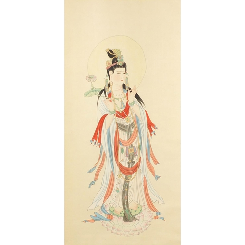 505 - Three Chinese wall hanging scrolls hand painted with koi, calligraphy and Guanyin, the largest 123cm... 