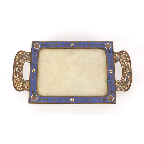 96 - Antique French champlevé enamel and onyx tray with twin handles, 23cm wide