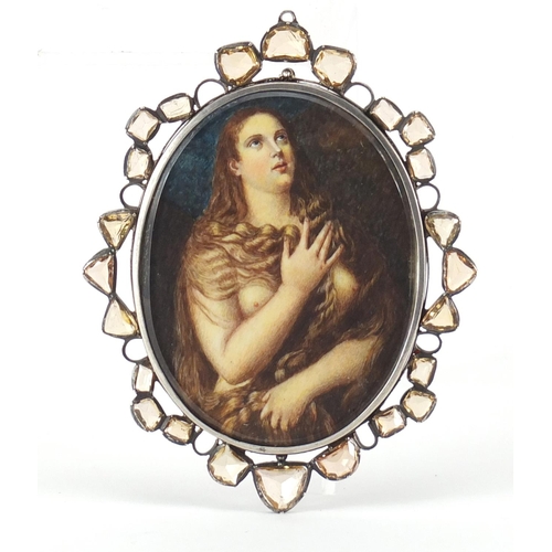 48 - Antique oval hand painted portrait miniature of a scantily nude female, housed in an unmarked silver... 