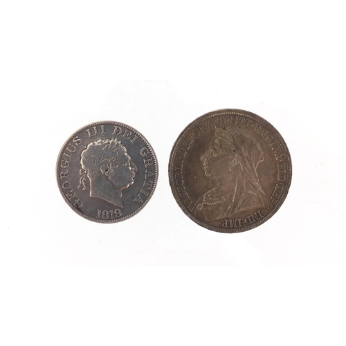223 - George III 1819 half crown and Queen Victoria 1893 crown