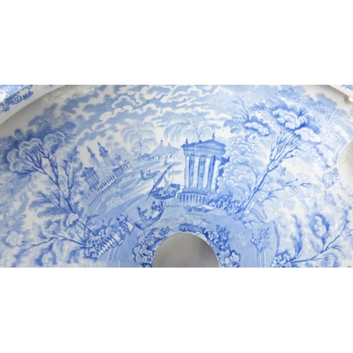 621 - Victorian blue and white two piece toilet, transfer printed in the Oriental pattern, the bowl 40cm i... 