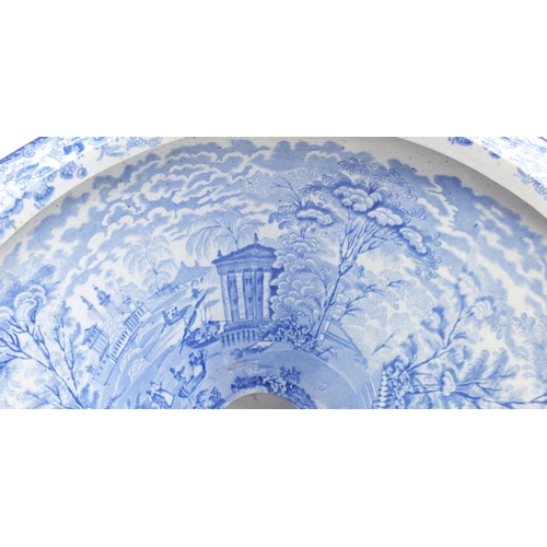 621 - Victorian blue and white two piece toilet, transfer printed in the Oriental pattern, the bowl 40cm i... 