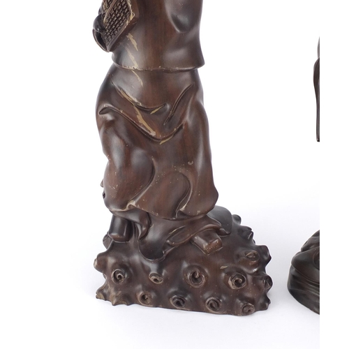 471 - Two Chinese hardwood carving including an example of Guanyin holding a basket of fish, the largest 3... 