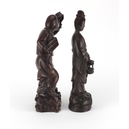 471 - Two Chinese hardwood carving including an example of Guanyin holding a basket of fish, the largest 3... 