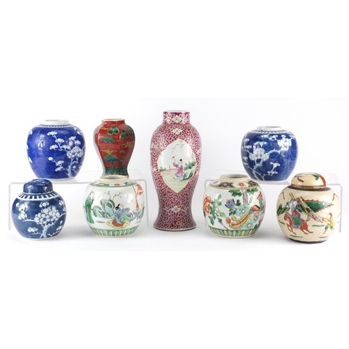 413 - Chinese porcelain including six ginger jars, two with covers, three hand painted with prunus flowers... 