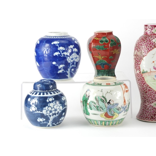 413 - Chinese porcelain including six ginger jars, two with covers, three hand painted with prunus flowers... 