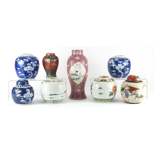 413 - Chinese porcelain including six ginger jars, two with covers, three hand painted with prunus flowers... 