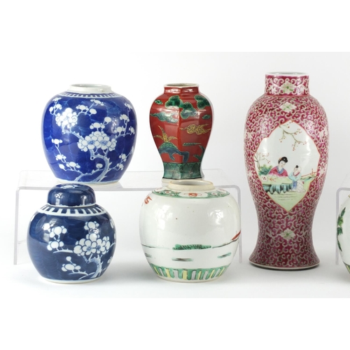 413 - Chinese porcelain including six ginger jars, two with covers, three hand painted with prunus flowers... 