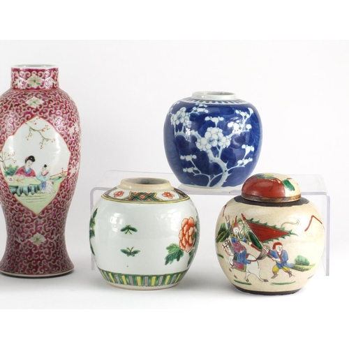 413 - Chinese porcelain including six ginger jars, two with covers, three hand painted with prunus flowers... 