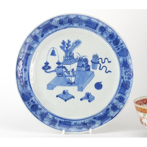 412A - Chinese porcelain comprising two blue and white plates and a bowl finely hand painted with dragons a... 