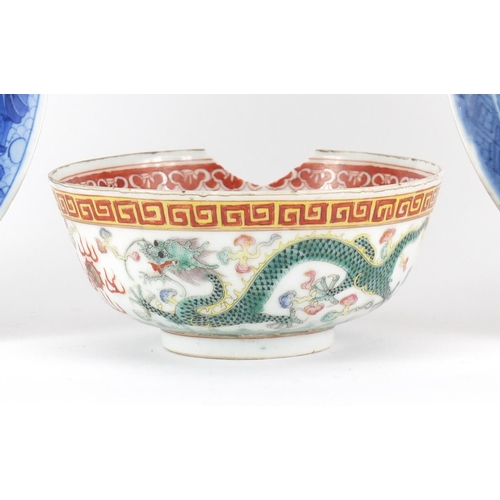 412A - Chinese porcelain comprising two blue and white plates and a bowl finely hand painted with dragons a... 