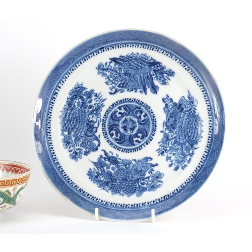 412A - Chinese porcelain comprising two blue and white plates and a bowl finely hand painted with dragons a... 