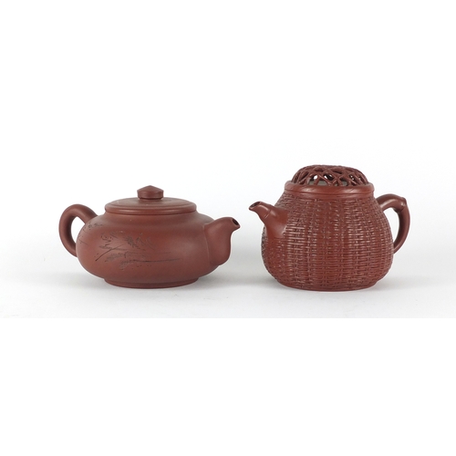 441 - Two Chinese yixing terracotta teapots including a basket design example, both with character marks t... 