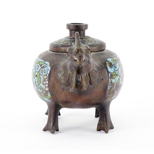 466 - Chinese patinated bronze and cloisonné chicken incense burner, 19.5cm in length