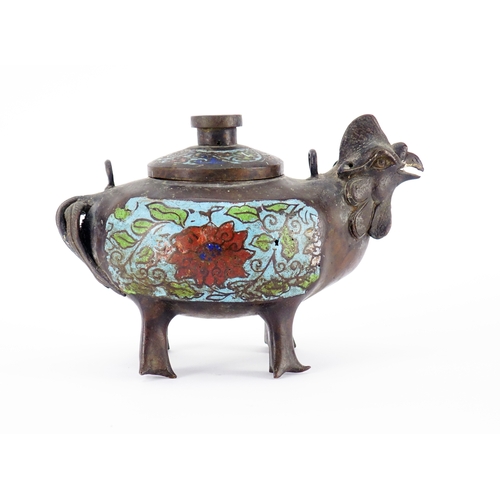 466 - Chinese patinated bronze and cloisonné chicken incense burner, 19.5cm in length