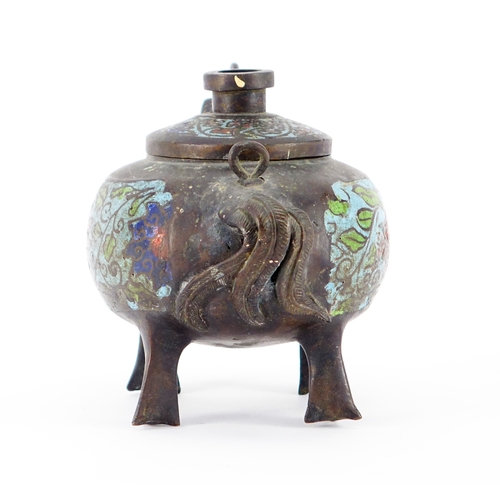 466 - Chinese patinated bronze and cloisonné chicken incense burner, 19.5cm in length