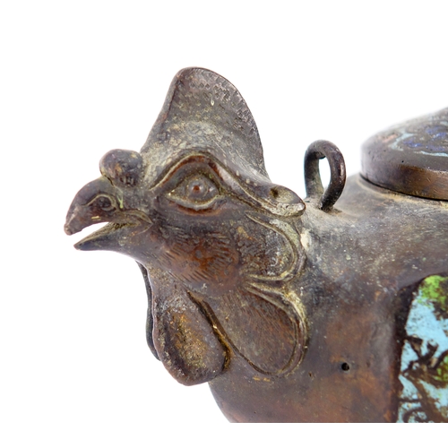 466 - Chinese patinated bronze and cloisonné chicken incense burner, 19.5cm in length