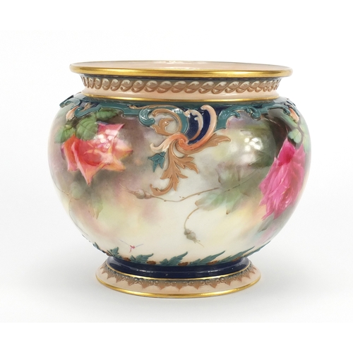 623 - Royal Worcester Hadley Ware jardinière hand painted with roses, factory marks and numbered 1938 to t... 