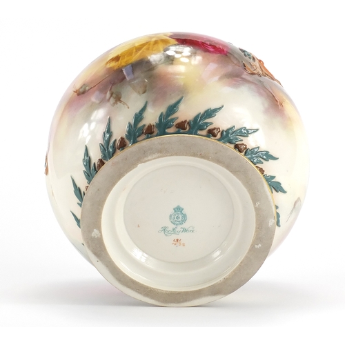 623 - Royal Worcester Hadley Ware jardinière hand painted with roses, factory marks and numbered 1938 to t... 