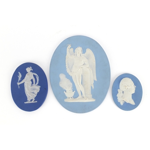 624 - Three 19th century Wedgwood Jasper Ware panels, each decorated in relief including one of a maiden, ... 