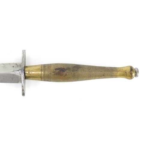 296 - British Military World War II fighting knife, probably Fairbairn & Sykes, with later leather sheath,... 