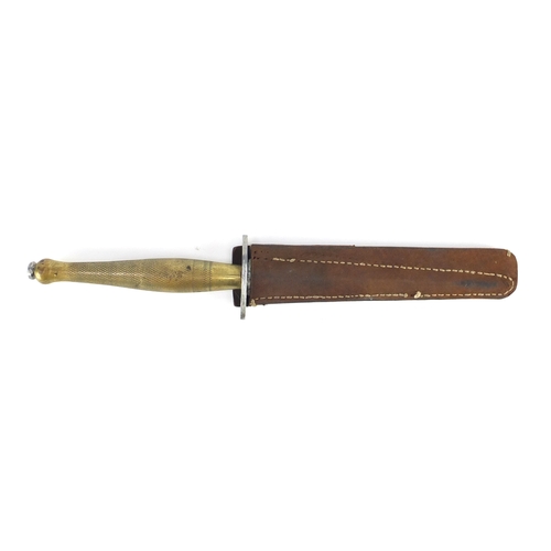 296 - British Military World War II fighting knife, probably Fairbairn & Sykes, with later leather sheath,... 