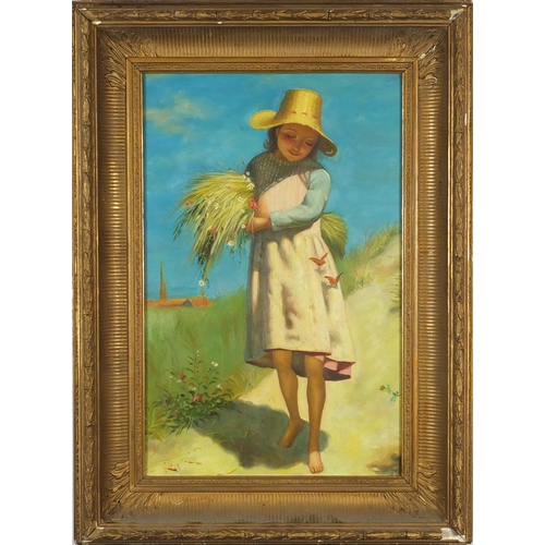 2178 - Young girl holding wheat, Italian school oil on board, bearing an indistinct signature, framed, 56cm... 