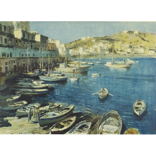2372 - Edward Seago - Continental harbour, pencil signed print in colour, with embossed watermark, mounted ... 