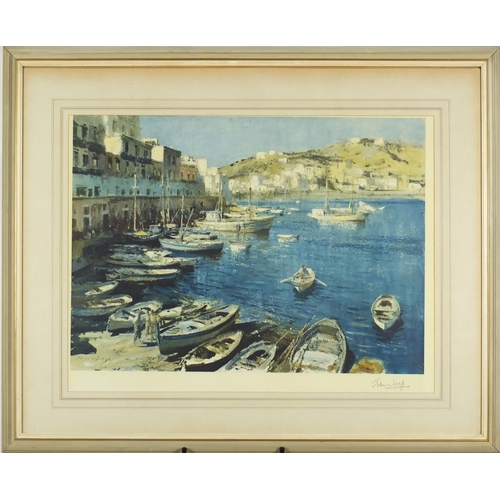 2372 - Edward Seago - Continental harbour, pencil signed print in colour, with embossed watermark, mounted ... 