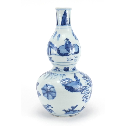 337 - Chinese blue and white porcelain double gourd vase, hand painted with figures in a landscape, 29.5cm... 