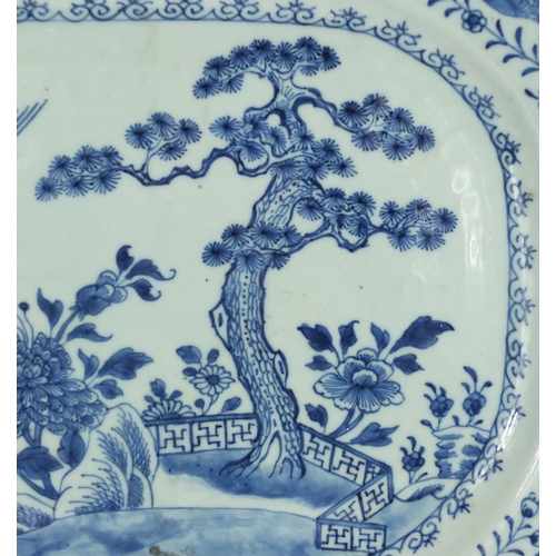 354 - Chinese blue and white porcelain meat platter, hand painted with two cranes in a landscape, 42.5cm w... 