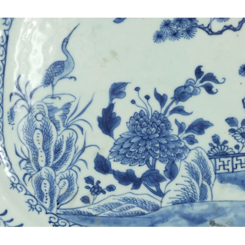 354 - Chinese blue and white porcelain meat platter, hand painted with two cranes in a landscape, 42.5cm w... 