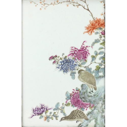 363 - Chinese rectangular porcelain plaque, finely hand painted in the famille rose palette with two quail... 