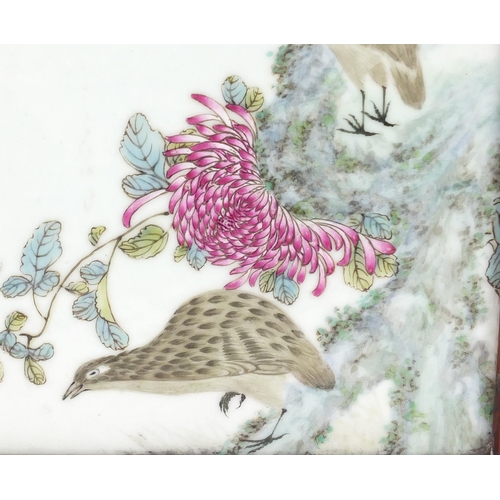 363 - Chinese rectangular porcelain plaque, finely hand painted in the famille rose palette with two quail... 