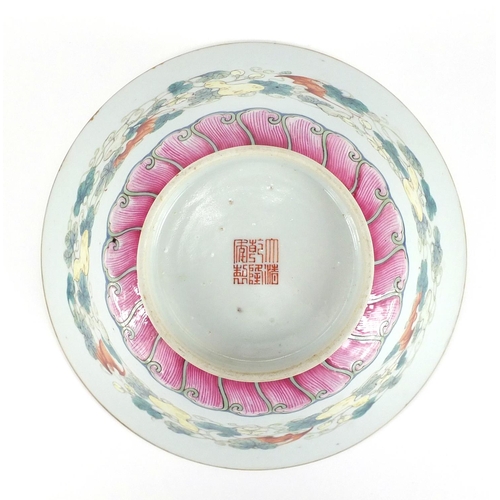 374 - Good Chinese porcelain fluted bowl hand painted in the famille rose palette with bats amongst blosso... 