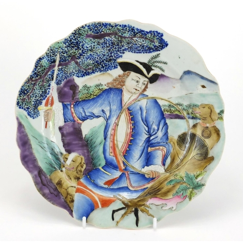 383 - Good Chinese porcelain plate finely hand painted with a huntsman holding a horn and sword with two d... 