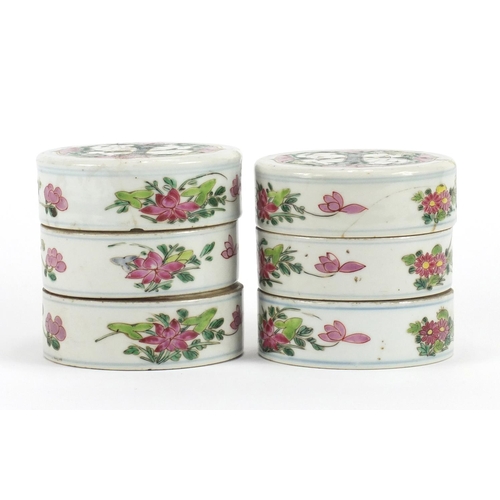 397 - Pair of Chinese porcelain stacking containers, each hand painted with children and flowers, each 10c... 