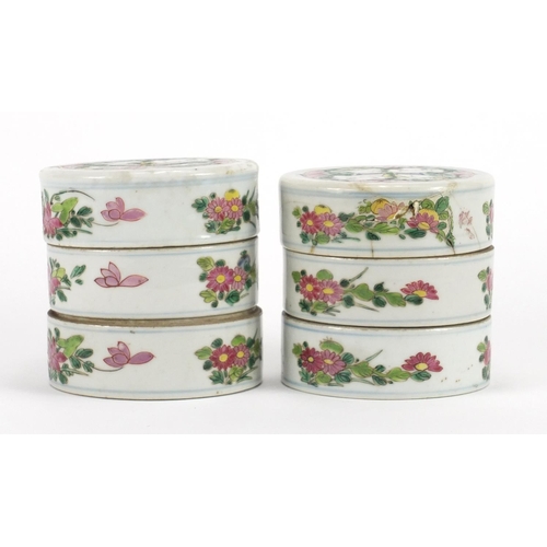 397 - Pair of Chinese porcelain stacking containers, each hand painted with children and flowers, each 10c... 