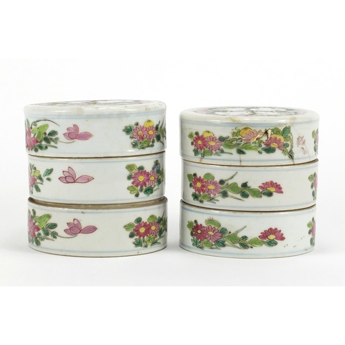 397 - Pair of Chinese porcelain stacking containers, each hand painted with children and flowers, each 10c... 